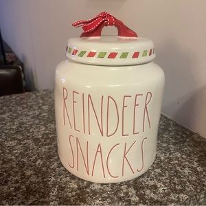 Rae Dunn white “Reindeer Snacks” Christmas canister New
